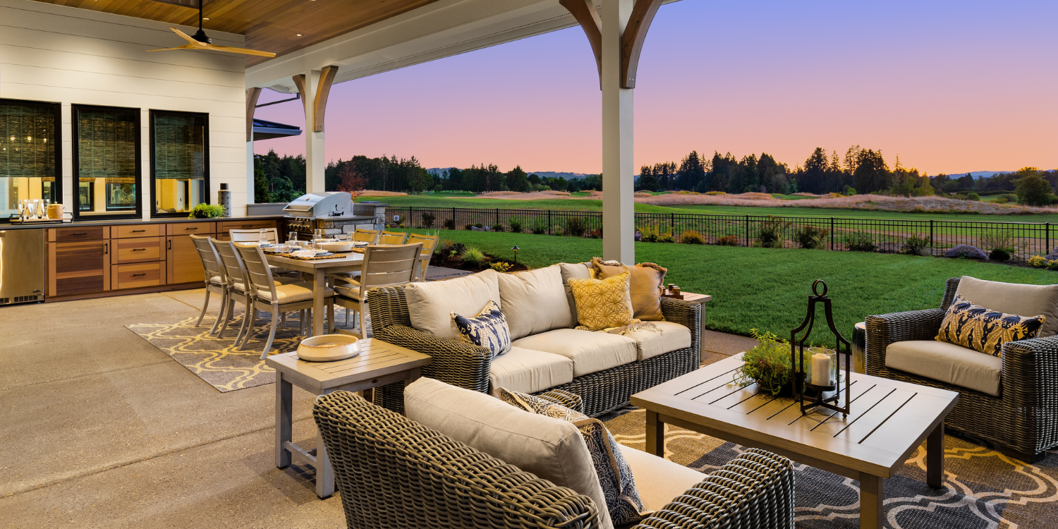 Outdoor patio with dining, kitchen and seating areas - Building the Perfect Work-From-Home Patio: Your Ultimate Guide 