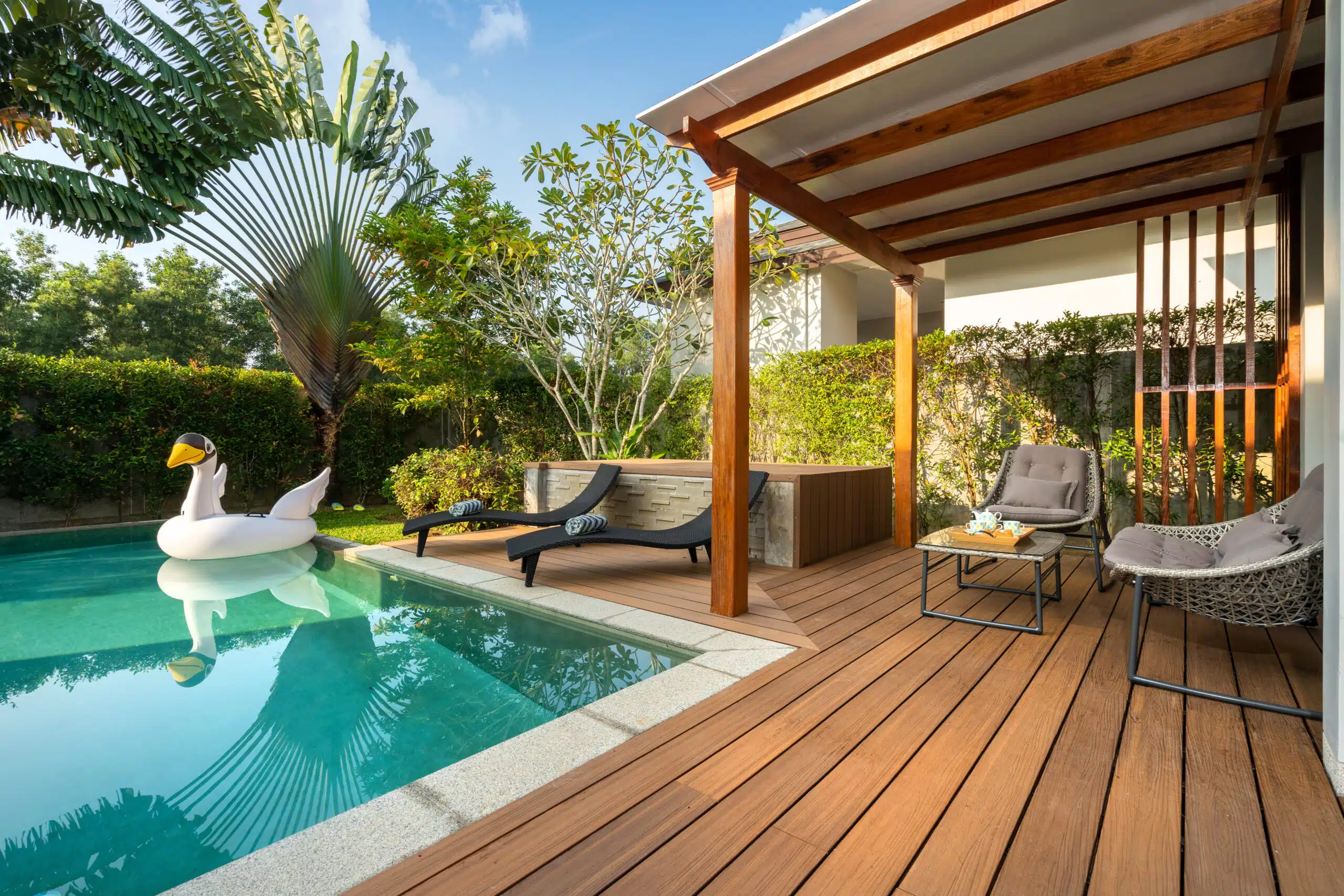 Swimming pool in tropical garden pool villa feature floating balloon